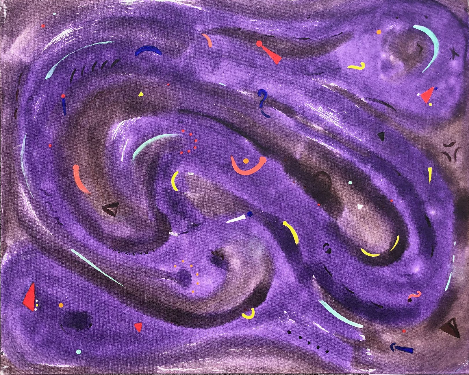 Together  Purple time when ideas flow like water along many new and different lines. Enjoy dreaming of a better world together.  Acrylic and interference on canvas.  61 x 76 x 2 cms.